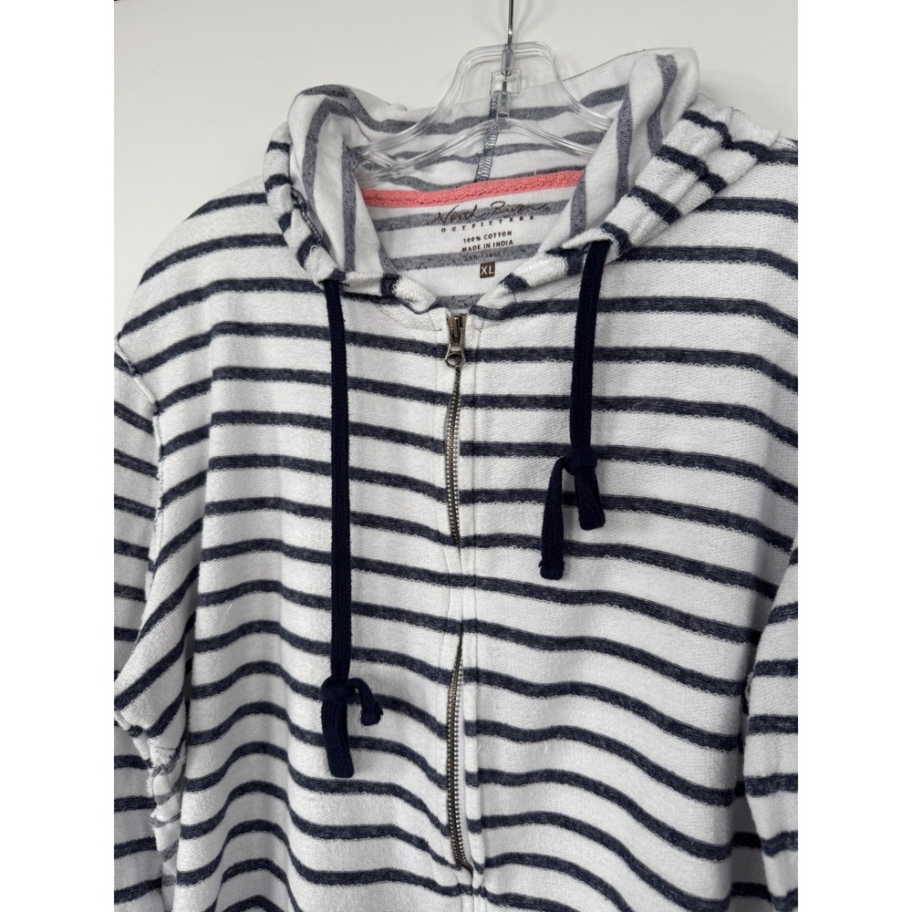 North River Outfitters Womens XL Striped Zip‎ Up Hoodie White Navy Blue Nautical
